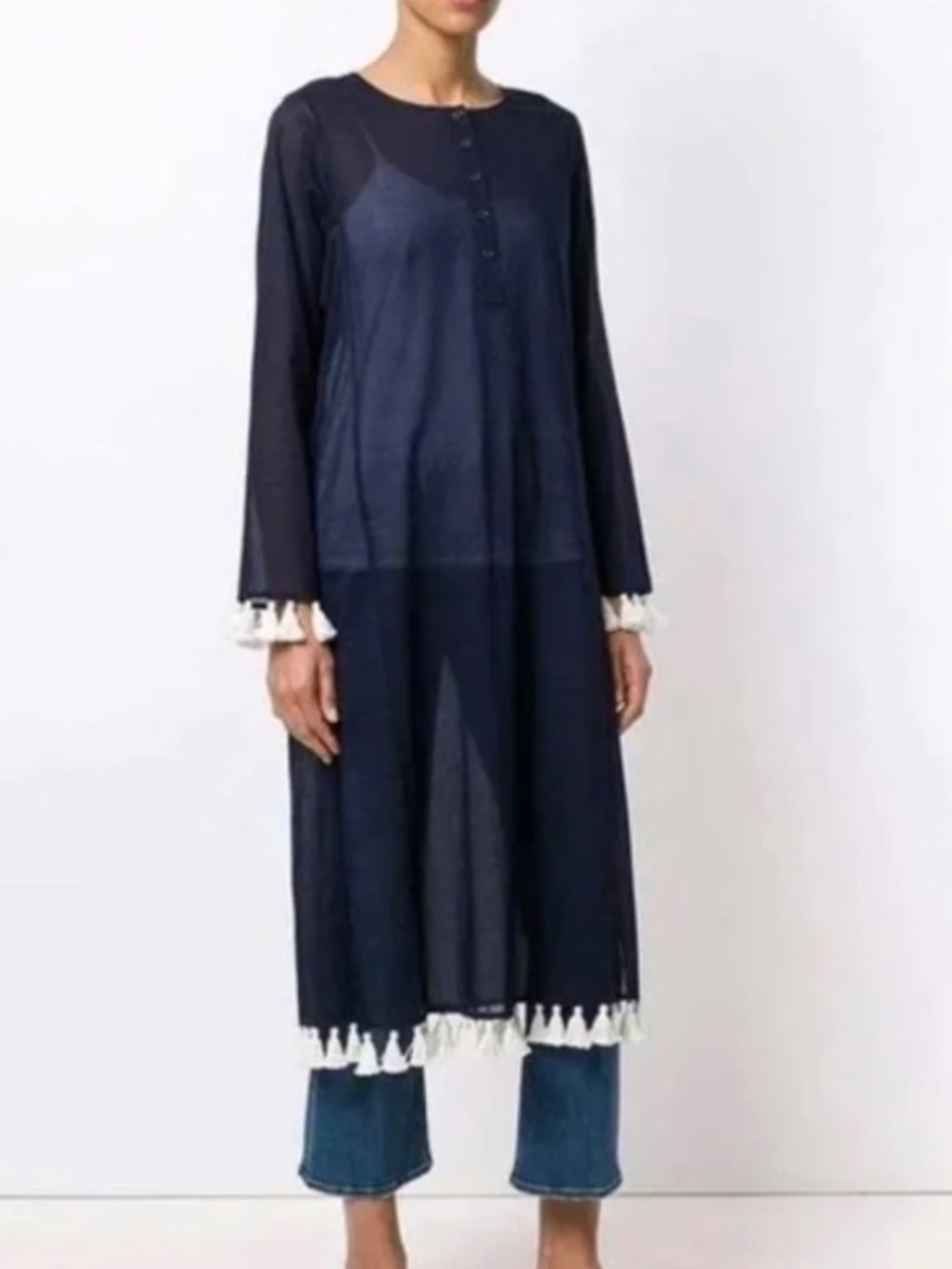 Tory Burch Sandy Tassel Navy Midi Tunic Dress S Coverup NWOT - Picture 2 of 11